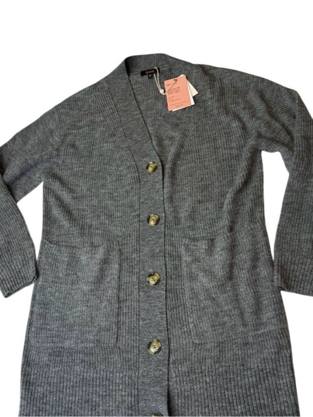 Quince Alpaca and Wool Gray Ribbed V-Neck Button Cardigan with Buttons Large - Picture 9 of 12